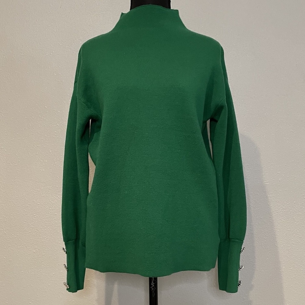 Tahari XS Green Mock Neck Sweater with Crystal Cuffs - Chic & Cozy
